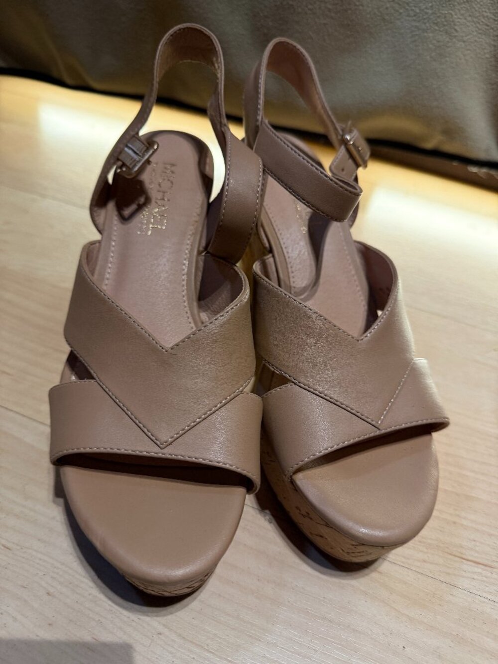 Michael by Michael Shannon Cork Wedge Sandals Womens Size 8 Taupe Platform Shoes